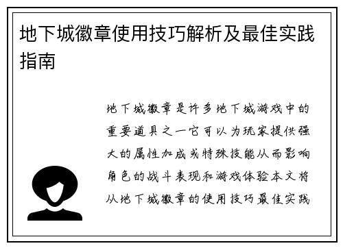 地下城徽章使用技巧解析及最佳实践指南