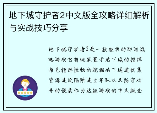 地下城守护者2中文版全攻略详细解析与实战技巧分享